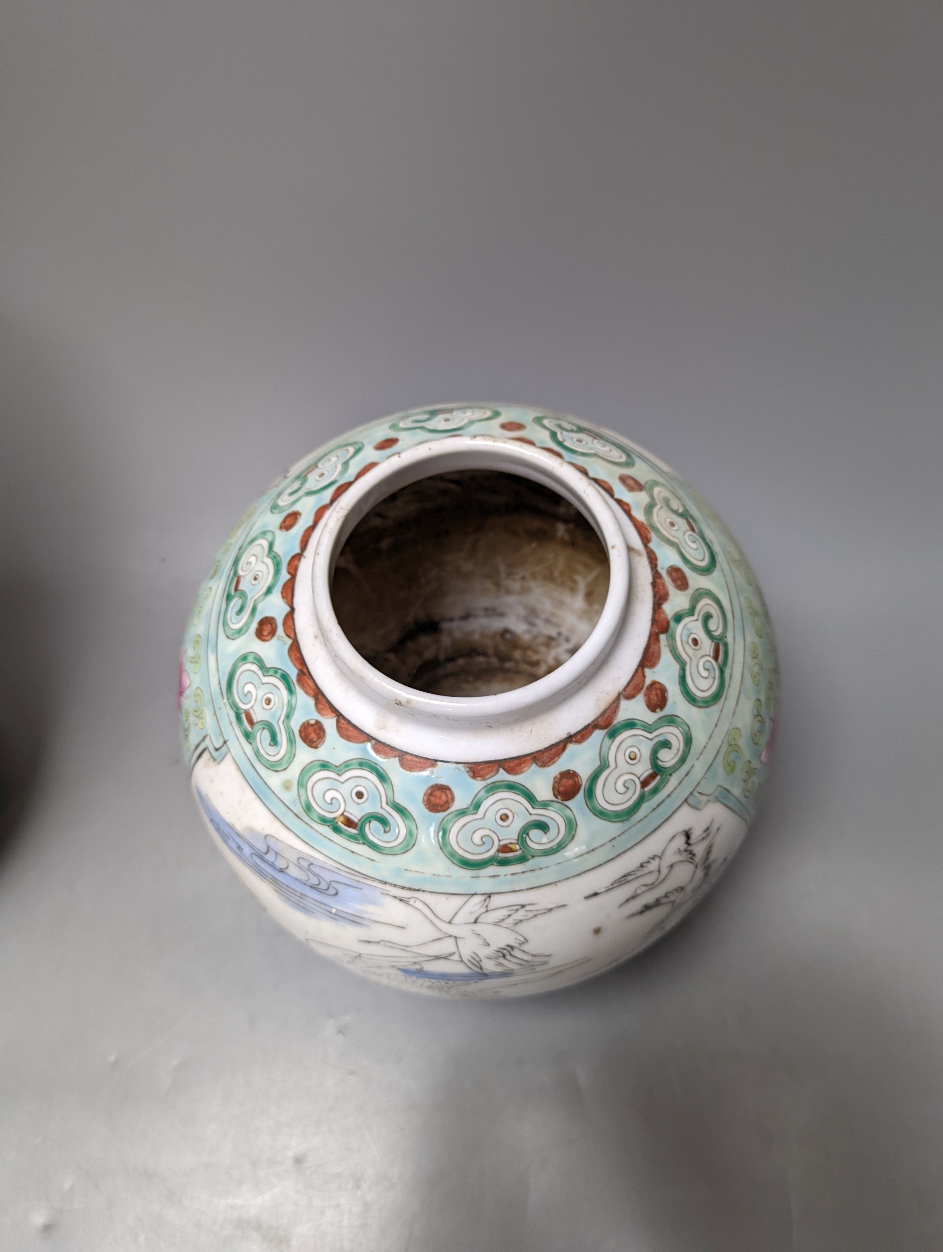 A Chinese famille rose vase and two ginger jars, together with a Japanese vase, 38cm